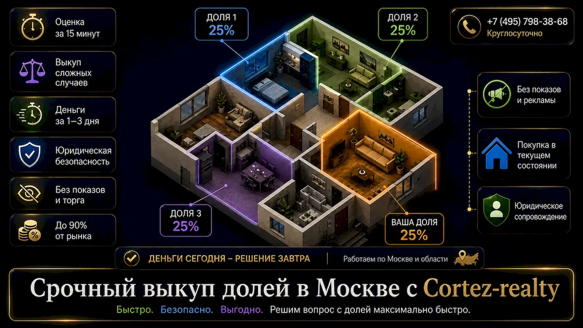Срочный выкуп долей в Москве и Подмосковье Срочный выкуп долей в Москве, Московской области и Новой Москве с Cortez Realty