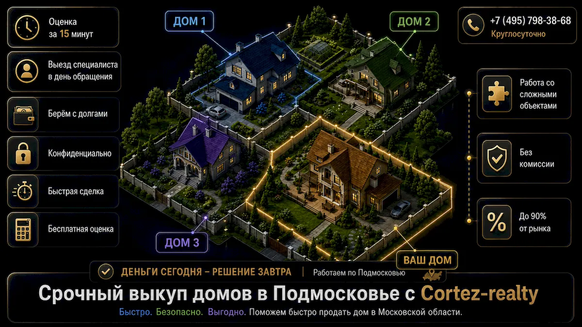 Срочный выкуп загородных домов, дач и коттеджей в Подмосковье Срочный выкуп загородных домов, дач и коттеджей в Московской области и Новой Москве с Cortez Realty