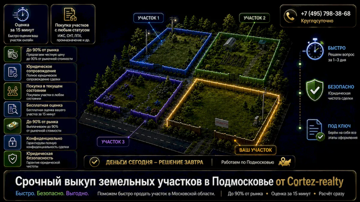 Срочный выкуп земельных участков в Подмосковье Срочный выкуп земельных участков в Московской области и Новой Москве с Cortez Realty